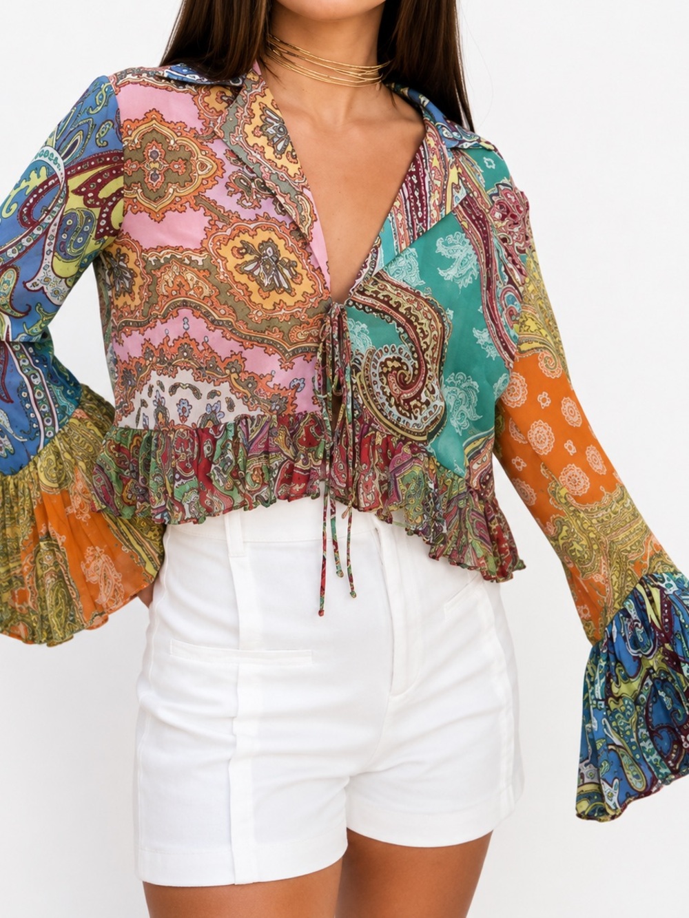 Zara Paisley Print Ruffle Blouse Boho Bell Sleeve Sheer Top Women Size S - Picture 3 of 12